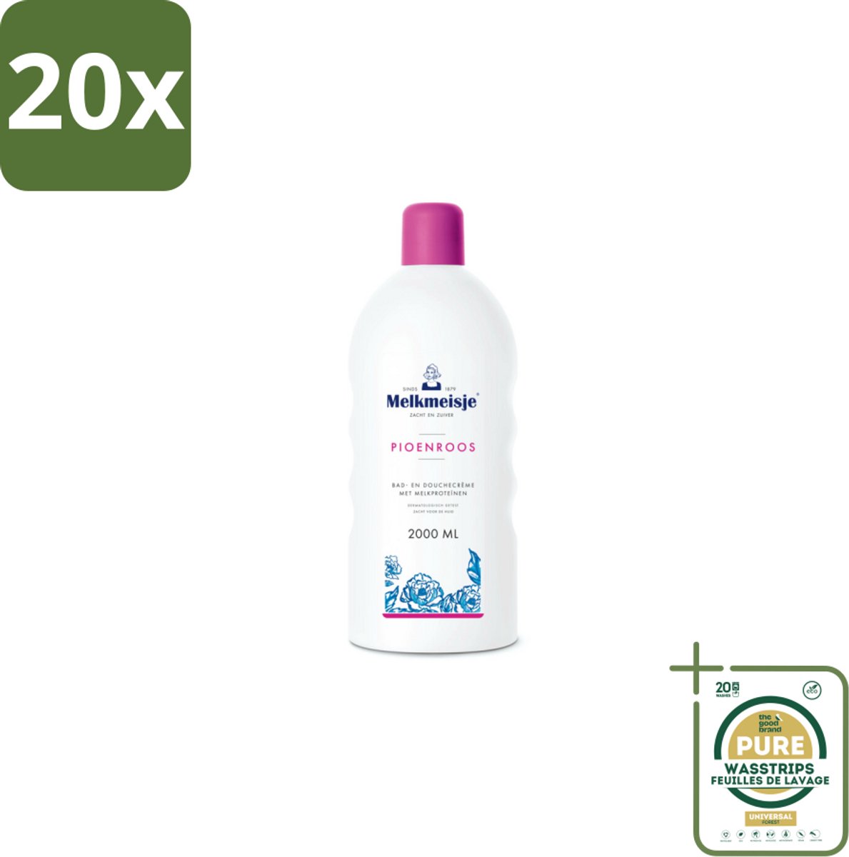 20 x Melkmeisje Bad en Douche Crème Pioenroos 2000 ml - Grootverpakking - Douchecrème - Melkproteïnen - Katoen - Huidverzorging - Pioenroos