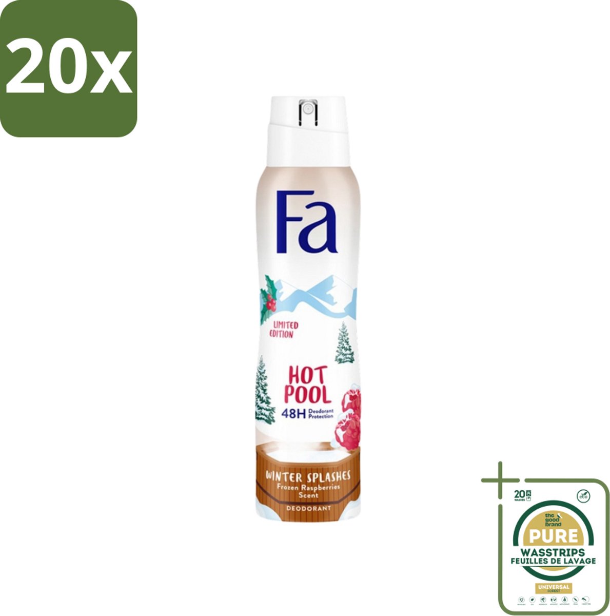 20 x Fa - Deospray - Winter Splashes - 48 uur Bescherming - Frozen Raspberry - Verfrissend & Fruitig - 150 ml - Grootverpakking - 48 Uur Bescherming - Zweetbescherming - Frambozen Geur - Deospray - Huidbescherming