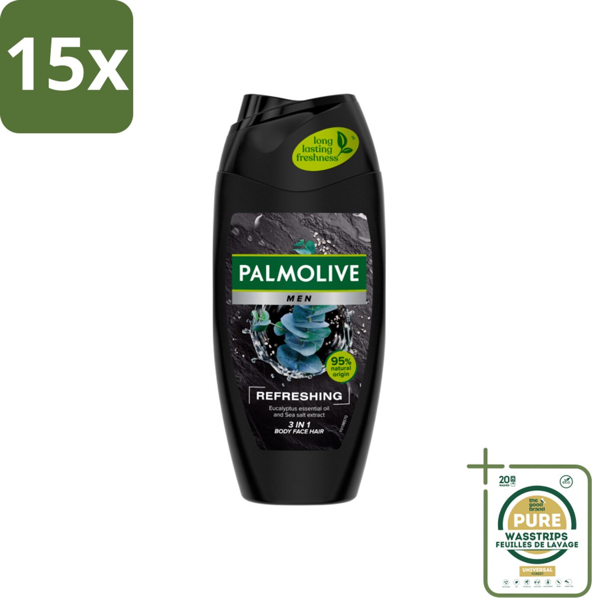 15 x Palmolive Men 3-in-1 Body Face Hair Refreshing Etherische Eucalyptusolie Zeezoutextract 250 ml - Grootverpakking - Douchegel Voor Mannen - Verfrissende Douchegel - Eucalyptusolie - Citrusolie - Hydraterende Douchegel