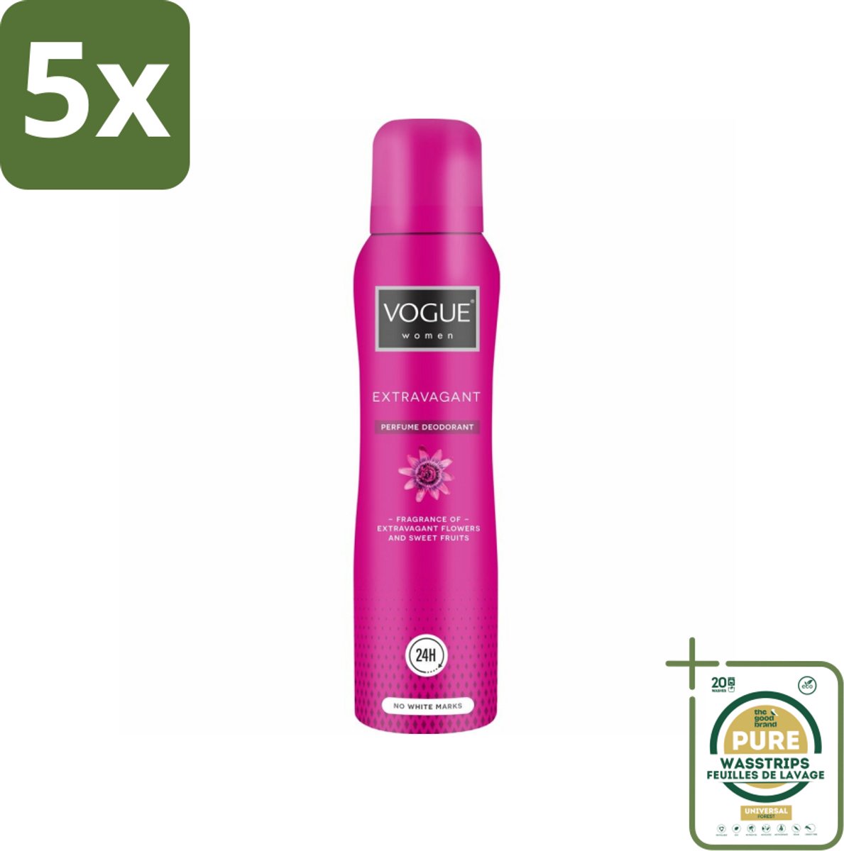5 x Vogue Women - Extravagant - Parfum Deodorant - 150 ml - Grootverpakking - Parfum Deodorant - Fruitige Geur - Bloemige Geur - 24 Uur Bescherming - Zweetbescherming