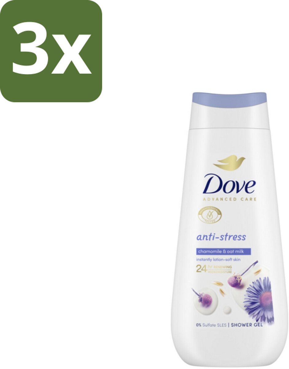 3 x Dove – Douchecrème – Anti-Stress – 225 ml - Douchecrème Anti-stress - Ontspannende Douche - Droge Huid Verzorging - Blauwe Kamille - Havermelk