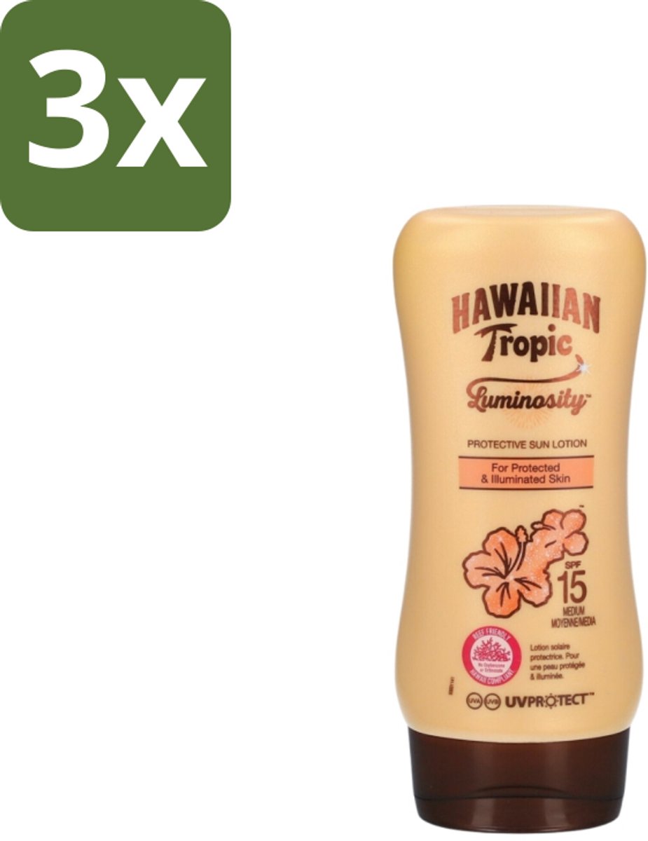 3 x Hawaiian Tropic – Zonnebrand Lotion – Luminosity Medium SPF15 – 180 ml - Zonbescherming - Zonnebrandlotion - SPF15 - Huidbescherming - Uitdroging Voorkomen