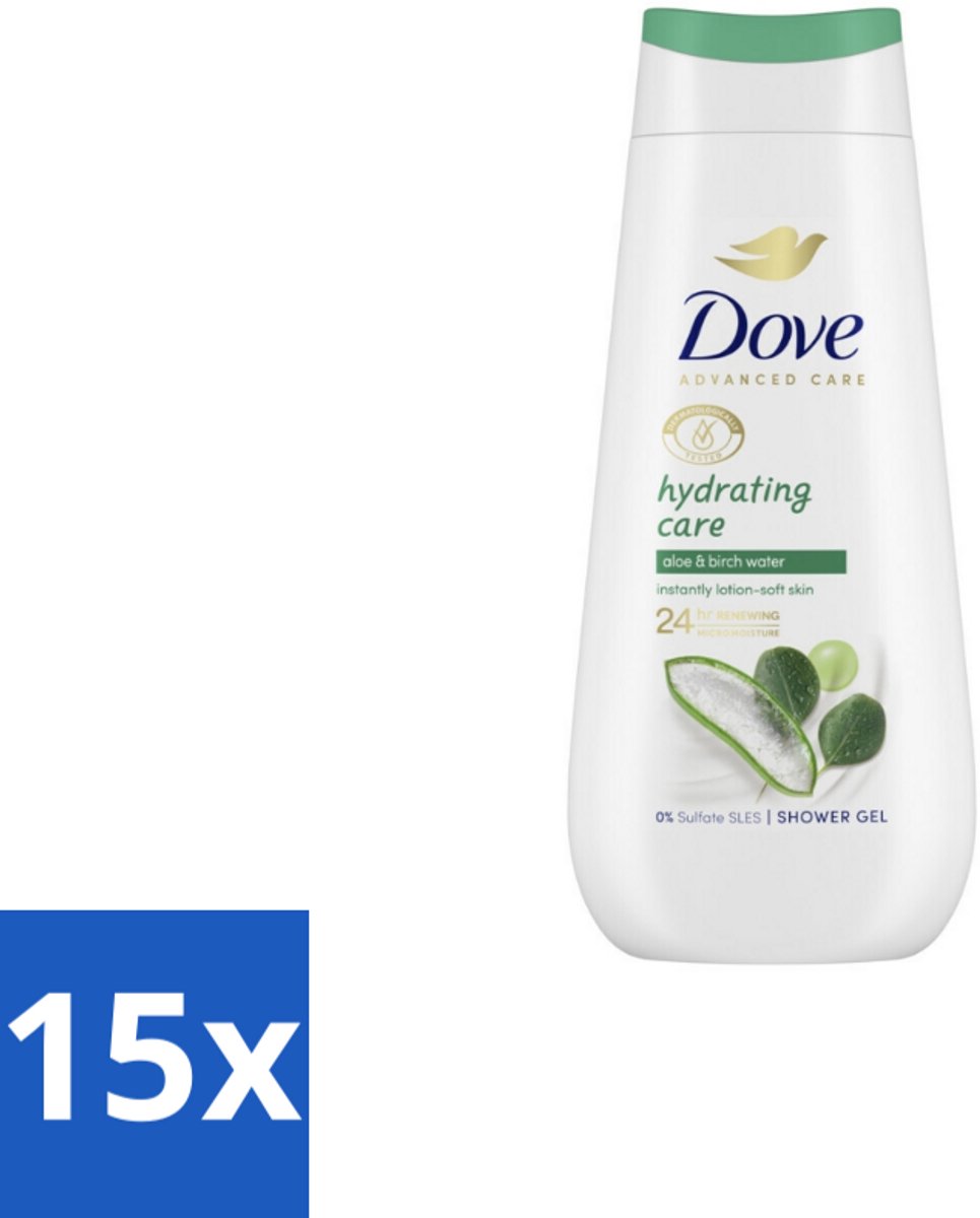 15 x Dove – Douchecrème – Hydrating Care – 225 ml - Douchecrème - Hydratatie - Droge Huid - Aloë Vera - Berkenwater