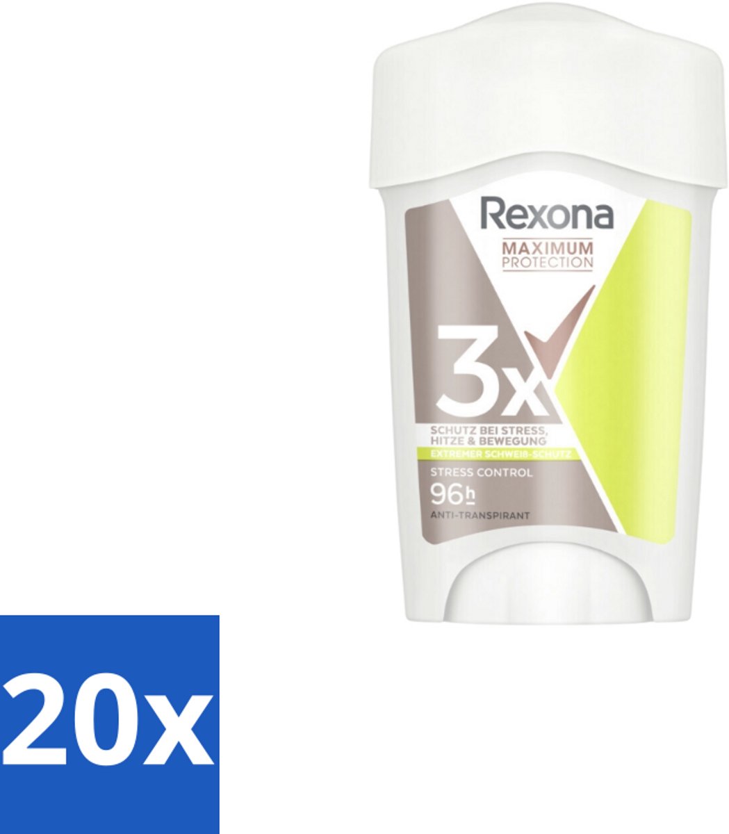 20 x Rexona Deodorant Stick Cream Maximum Protection Stress Control 45 ml - Anti-transpirant Vrouw - Stress-zweet - Zweetbescherming - Droge Huid - Kalmerende Geur
