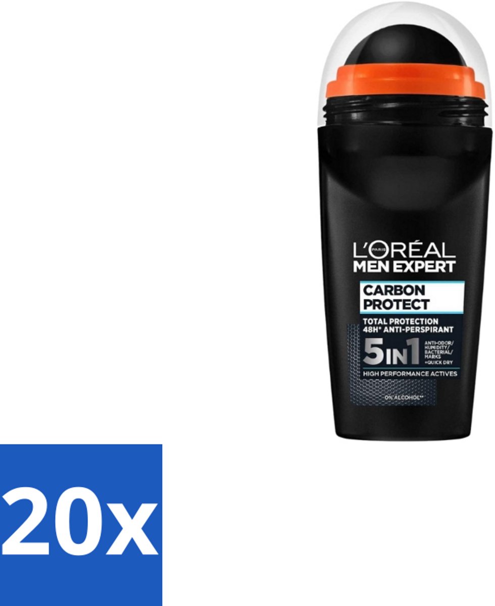 20 x L’Oréal Paris Men Expert – Deodorant Roller – Carbon Protect 5-in-1 – 50 ml - Anti-transpirant - Deodorant Roller - 5-in-1 - Anti-vlek - Geur