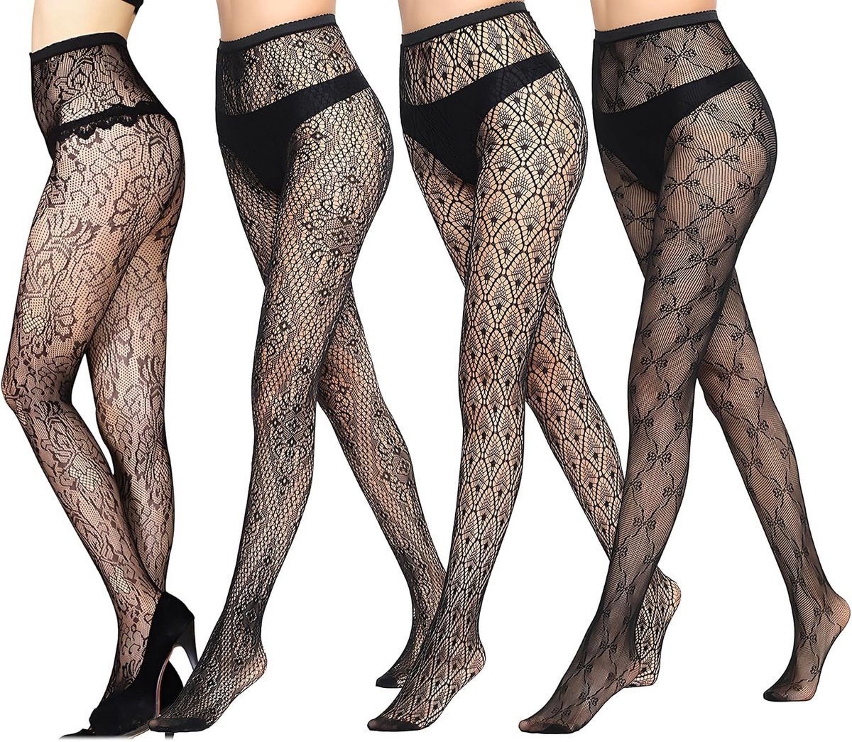 4 Paar Patroontights voor Dames, Hoge Taille, Transparant, Zwarte Rekbare Leggings, Geschikt voor Dagelijks Gebruik en Feestjes