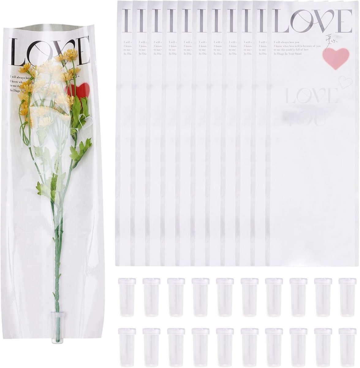 20 Stuks Enkele Roos Verpakking Zakken met Waterbuizen voor Bloemen, Valentijnsdag en Thanksgiving, Wit