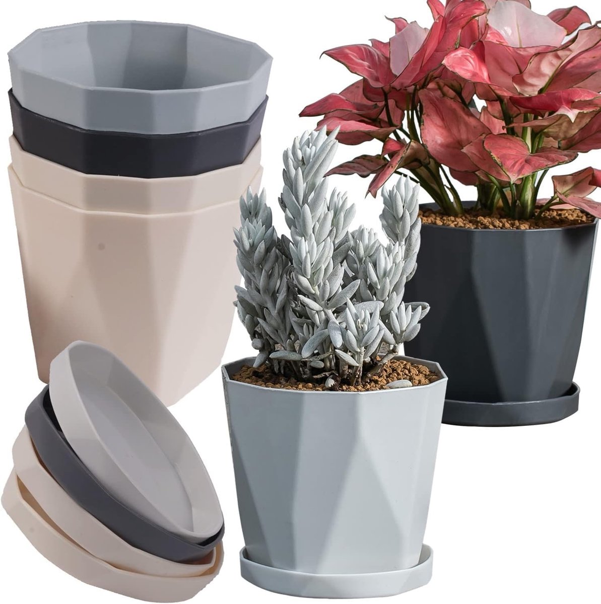 Set van 6 Plastic Plantenpotten van 13 cm met Schotel, Ideaal voor Bloemen, Kruiden en Vetplanten in Nordic Stijl