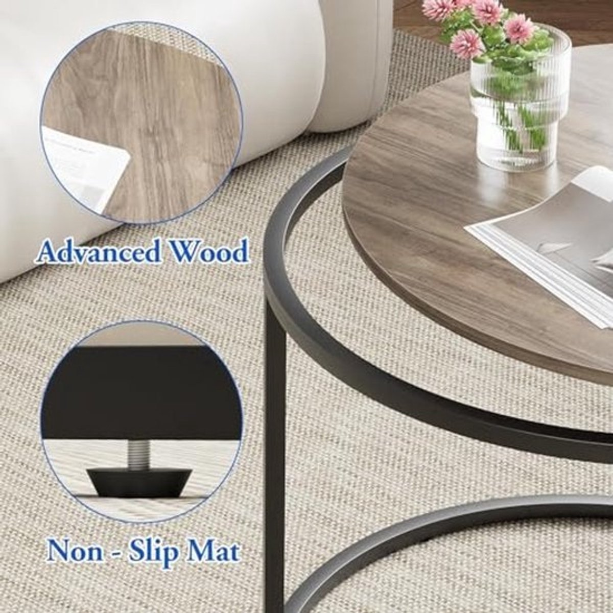 Set van 2 Ronde Bijzettafels met Metalen Frame voor Woonkamer en Slaapkamer