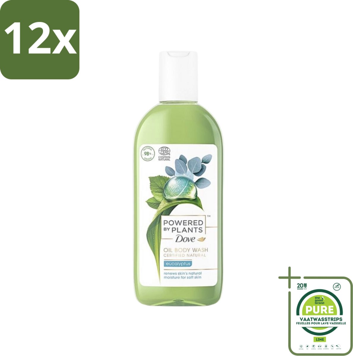 Dove Powered by Plants - Oil Body Wash - Eucalyptus - 250 ml - Voordeelverpakking - 12 stuks - Natuurlijke bodywash - Eucalyptus bodywash