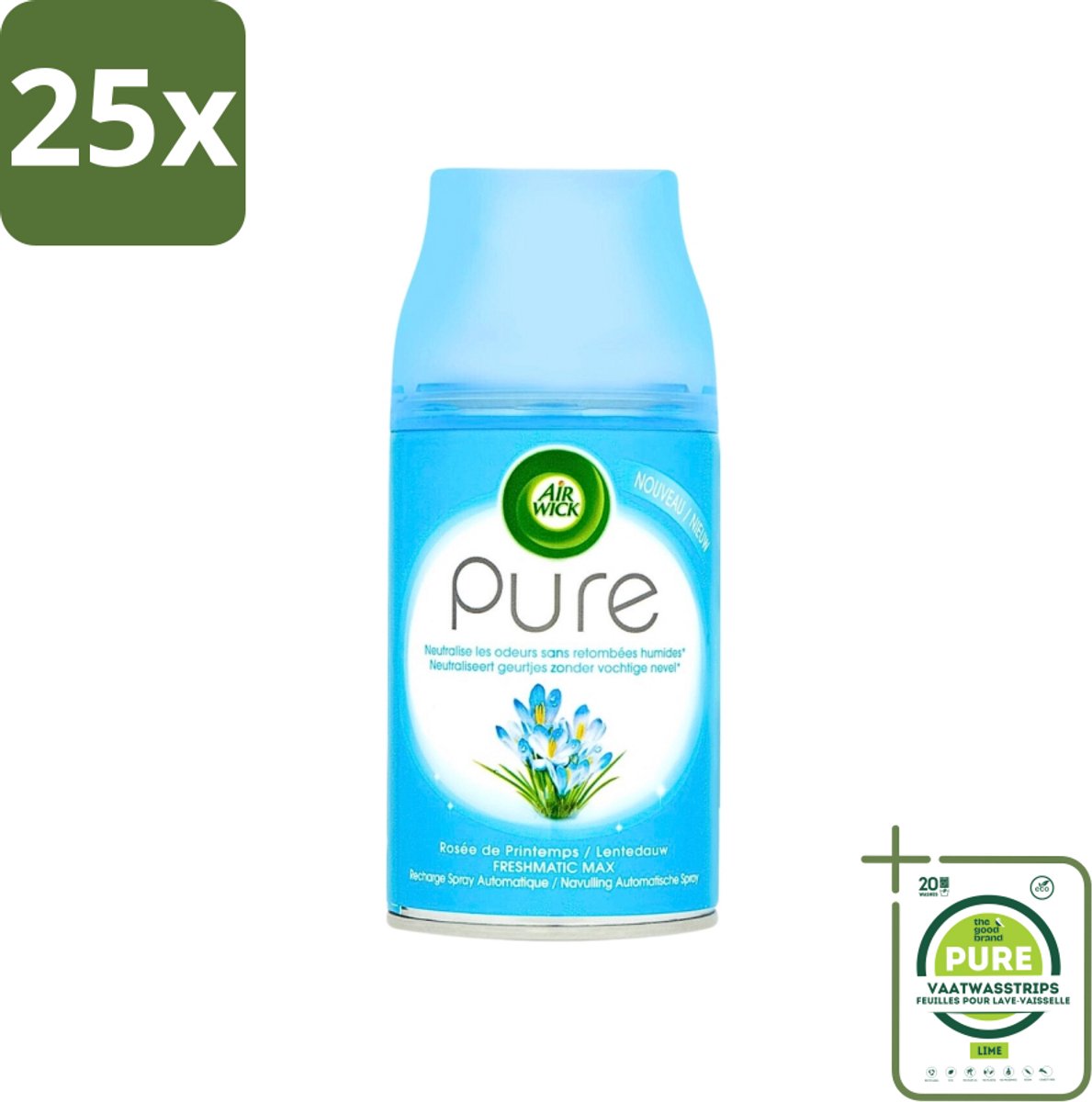 25 x Air Wick Freshmatic Automatische Spray Navulling Pure Lentedauw 250 ml - Grootverpakking - Luchtverfrisser - Geurverspreider - Air Wick - Pure Lentedauw - Frisse Geur