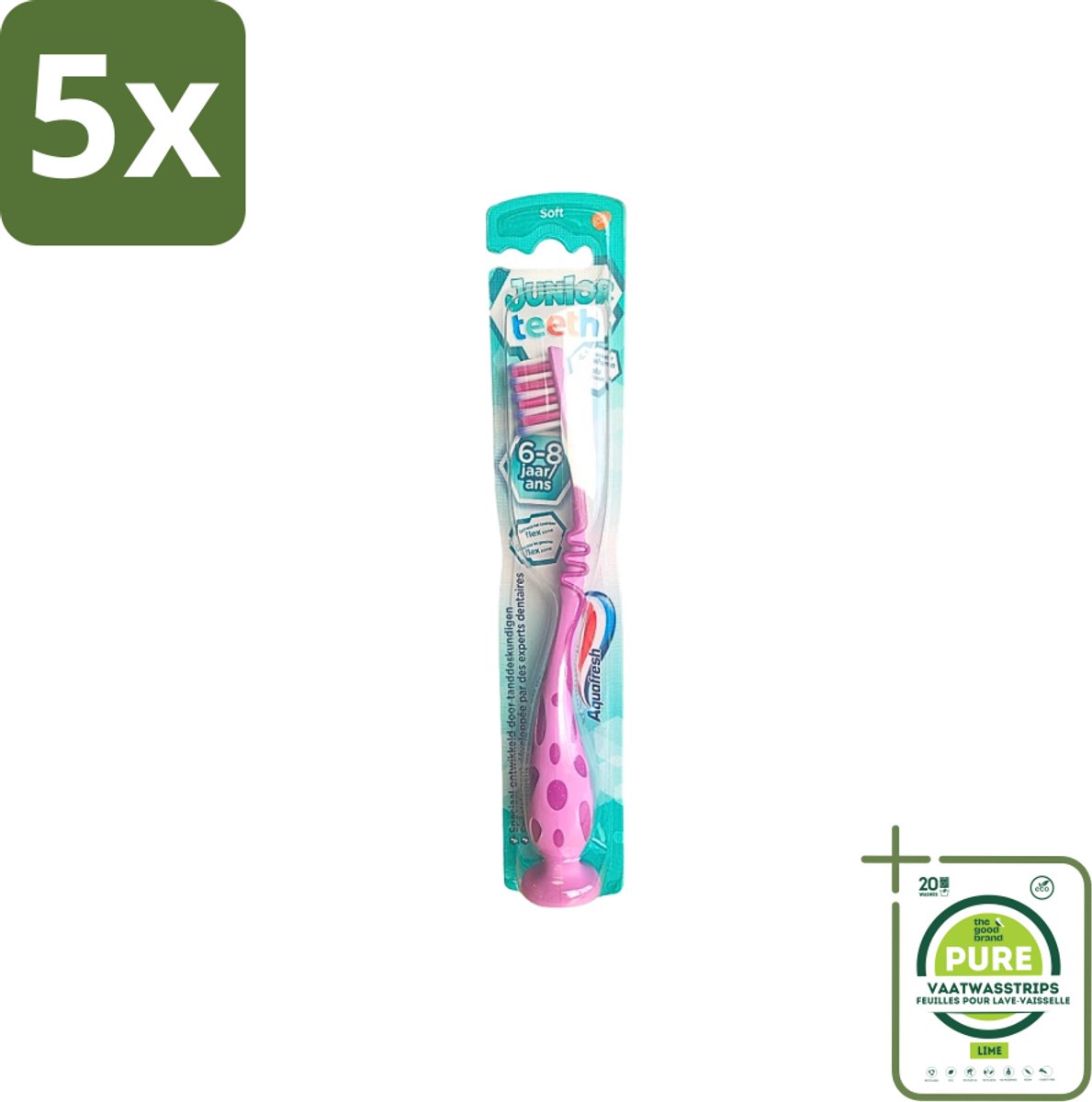 5 x Aquafresh - Junior Teeth Tandenborstel - 6-8 Jaar - Cool Ontwerp - 1 Stuk - Grootverpakking - Tandenborstel Voor Kinderen - Tandenborstel 6-8 Jaar - Kinder Tandenborstel - Tandenpoetsen - Aquafresh