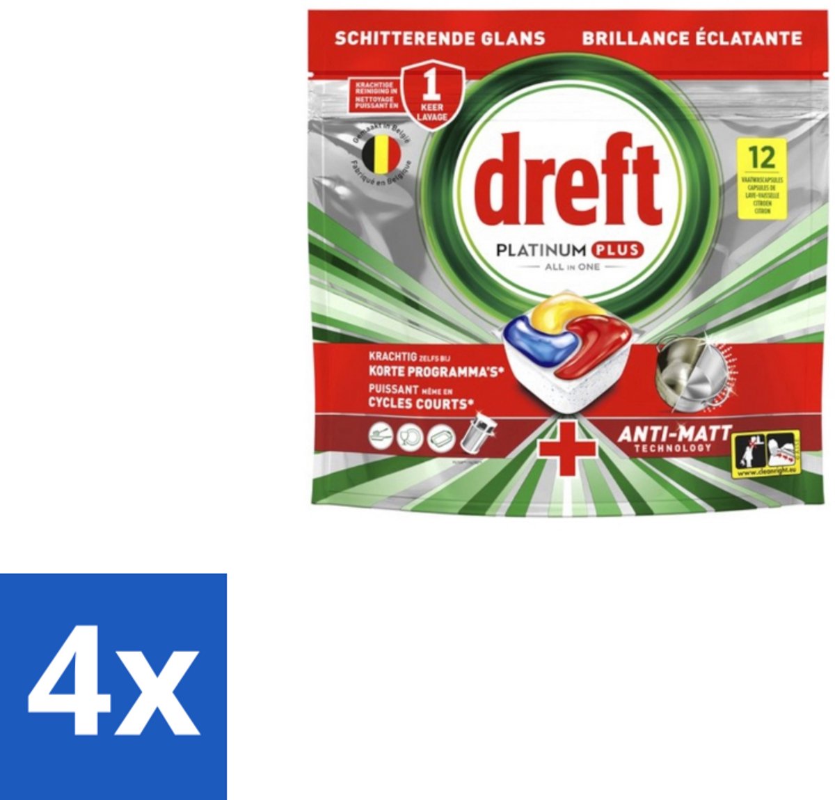 4 x Dreft – Vaatwastabletten – Platinum Plus All-in-One – Lemon – 12 Tabletten - Vaatwasmiddelen - Vaatwastabletten - Anti-dofheid - Vaatwasmiddelen Lemon - Vaatwasmiddelen Anti-matt