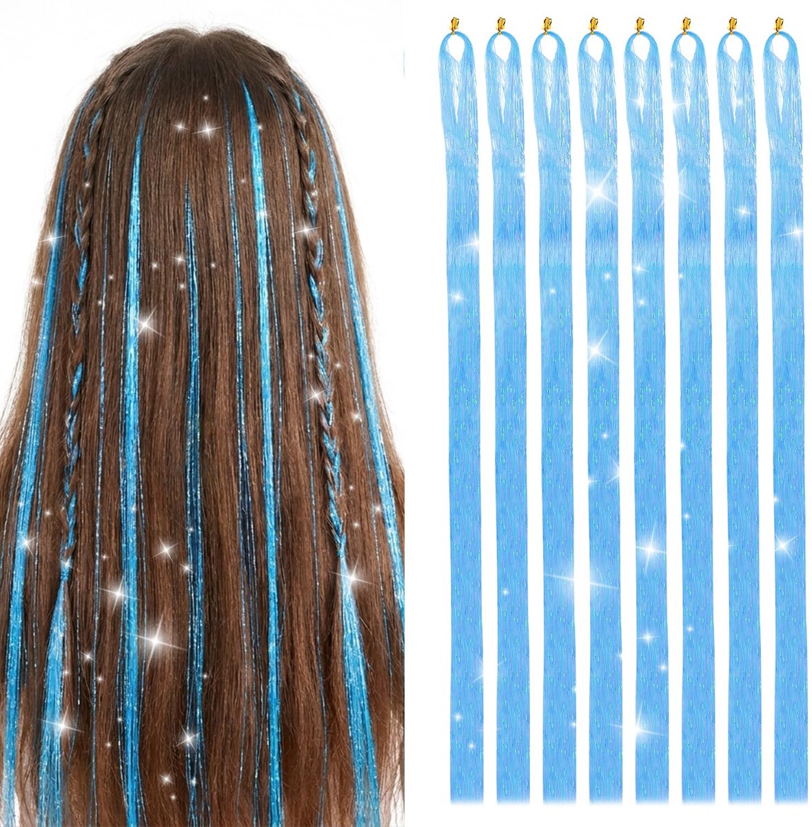 8 Stuks Blauw Hair Tinsel, 120 cm Lange Glitterhaarextensies voor Kinderen en Dames, Glanzende Fairy Hair Strands voor - ShopVlot