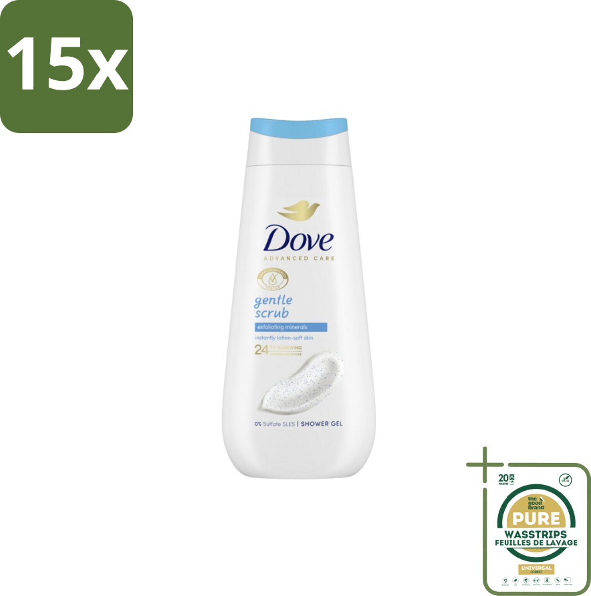 15 x Dove – Douchegel – Advanced Care Gentle Scrub – 225 ml - Grootverpakking - Douchegel - Exfoliatie - Huidverzorging - Zachte Douchegel - Schuim