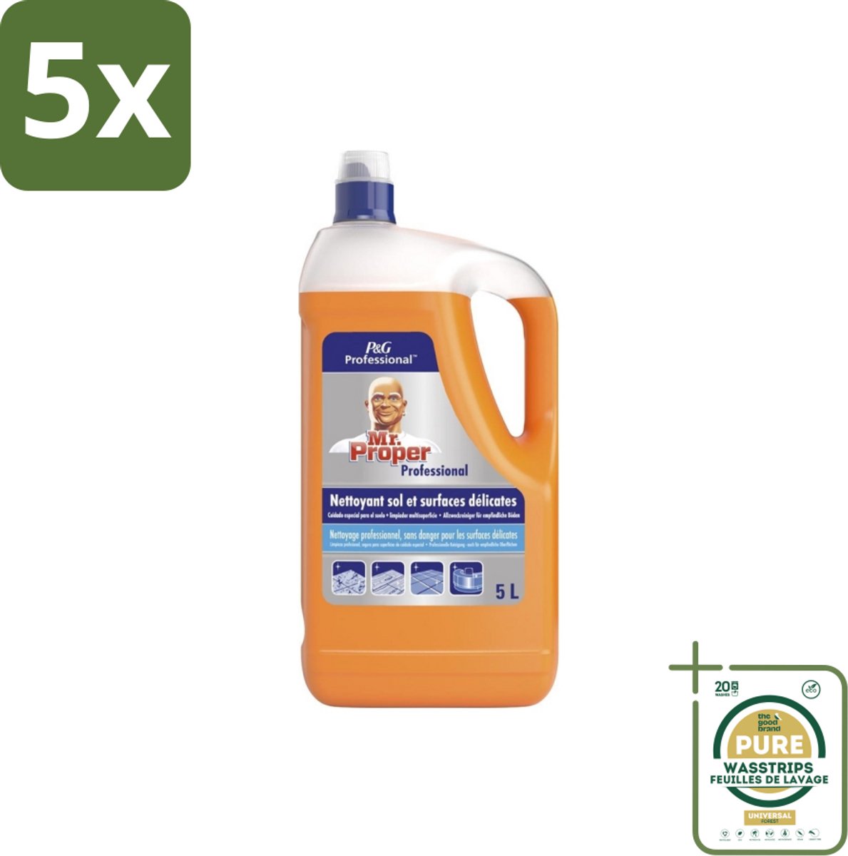 5 x Mr. Proper – Allesreiniger – Professional Delicate – 5 L - Grootverpakking - Allesreiniger - Vet Verwijderen - Vuil Verwijderen - Vlek Verwijderen - Hygiëne