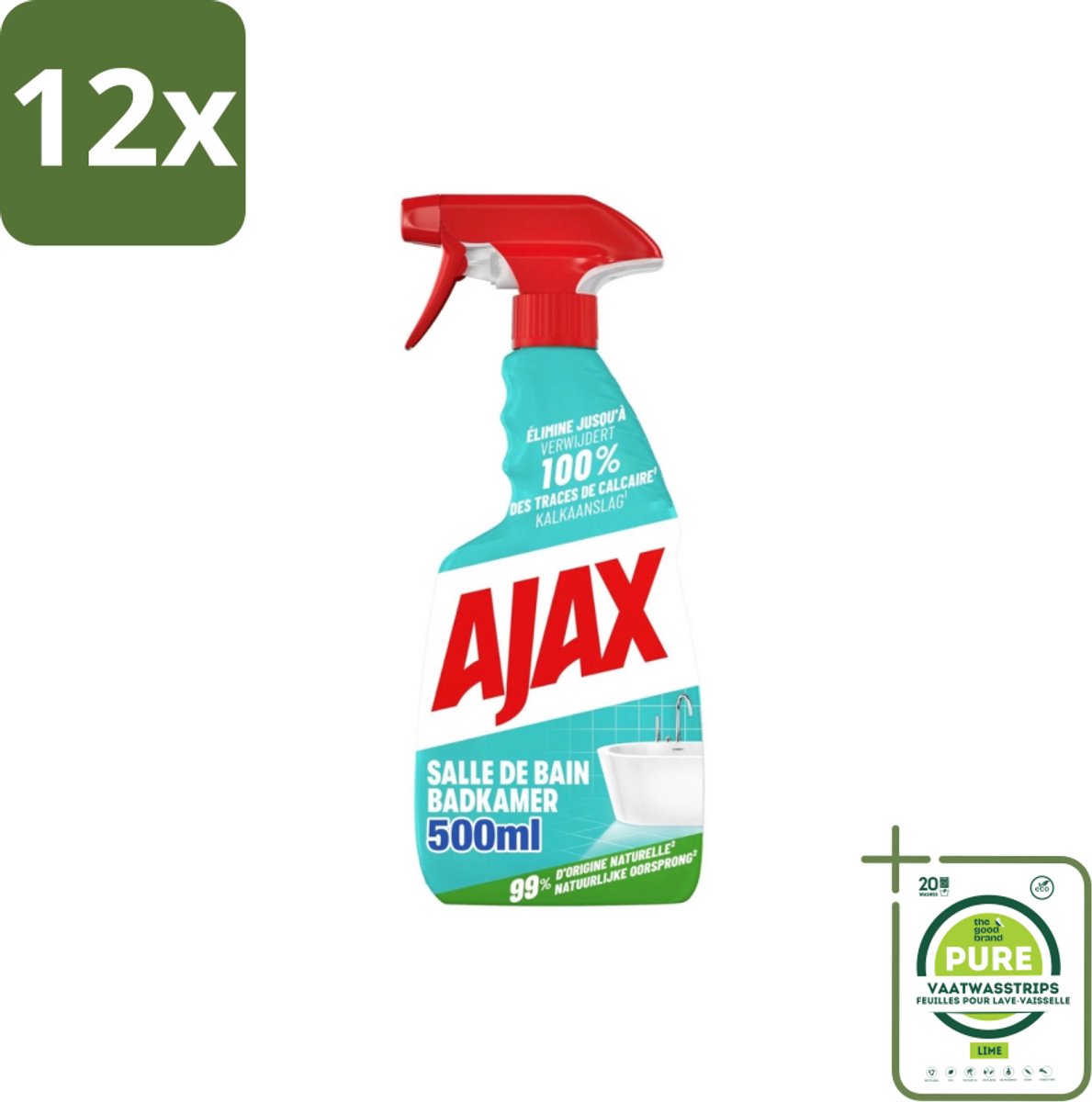 Ajax – Badkamer Spray – 500 ml - Voordeelverpakking - 12 stuks - Badkamer reinigen - Kalk verwijderen