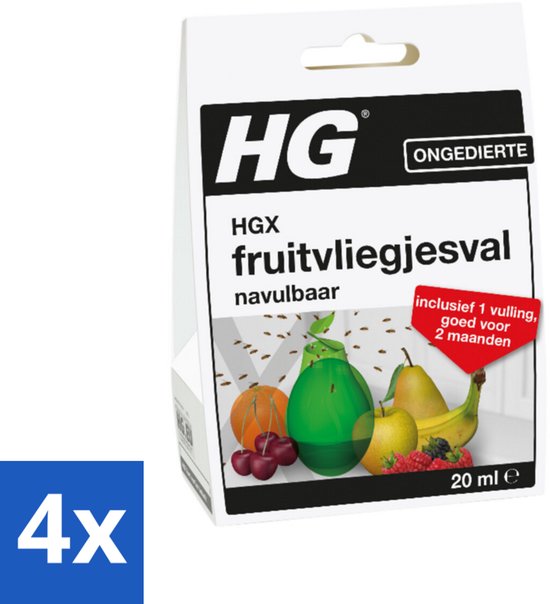 HG fruitvliegjesval navulbaar. De verpakking toont fruit zoals een sinaasappel, kersen, peer, banaan en aardbeien.
