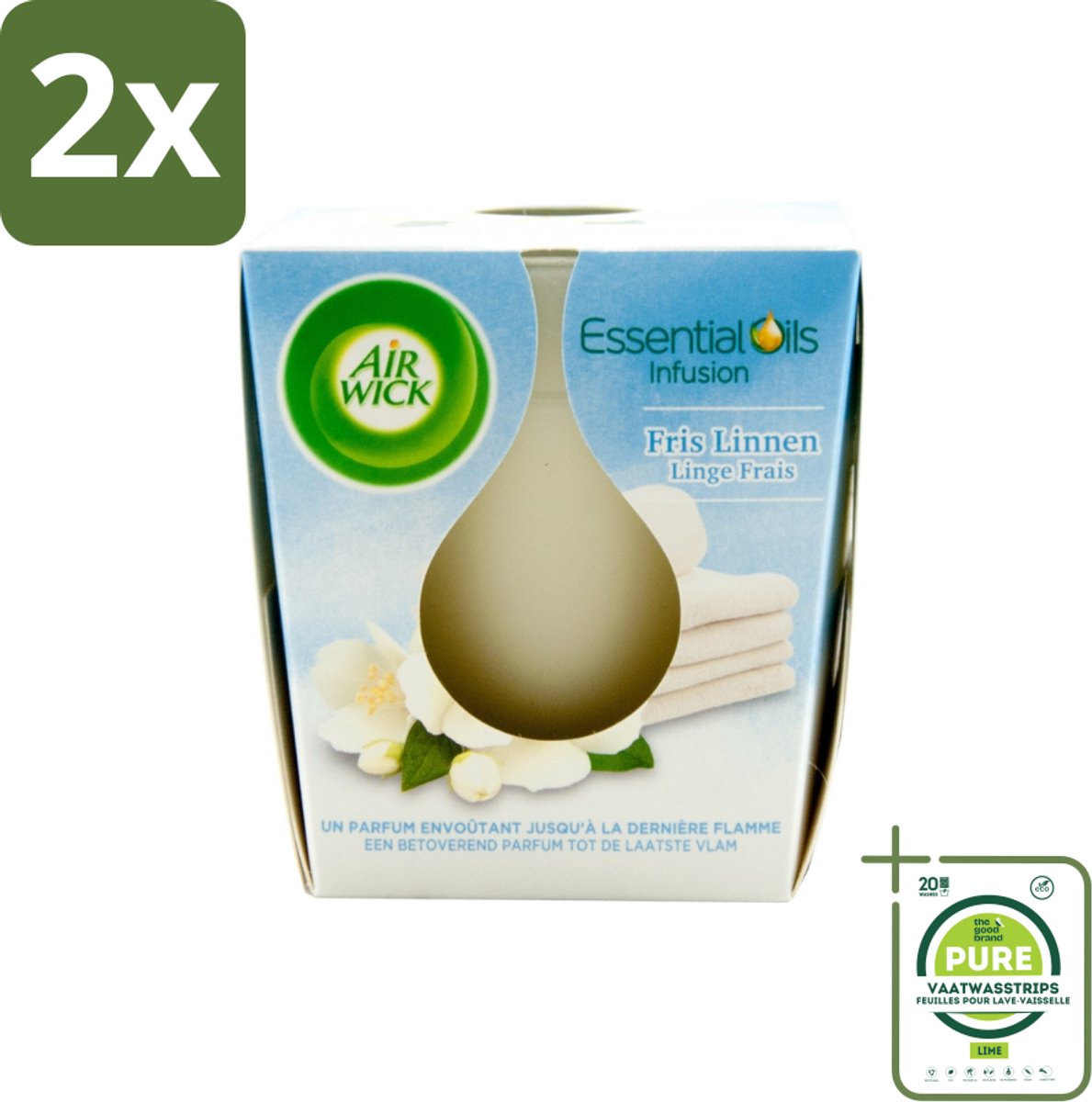 Air Wick – Geurkaars – Fris Linnen met Essentiële Oliën – 105 g - Voordeelverpakking - 2 stuks - Geurkaars - Fris linnen