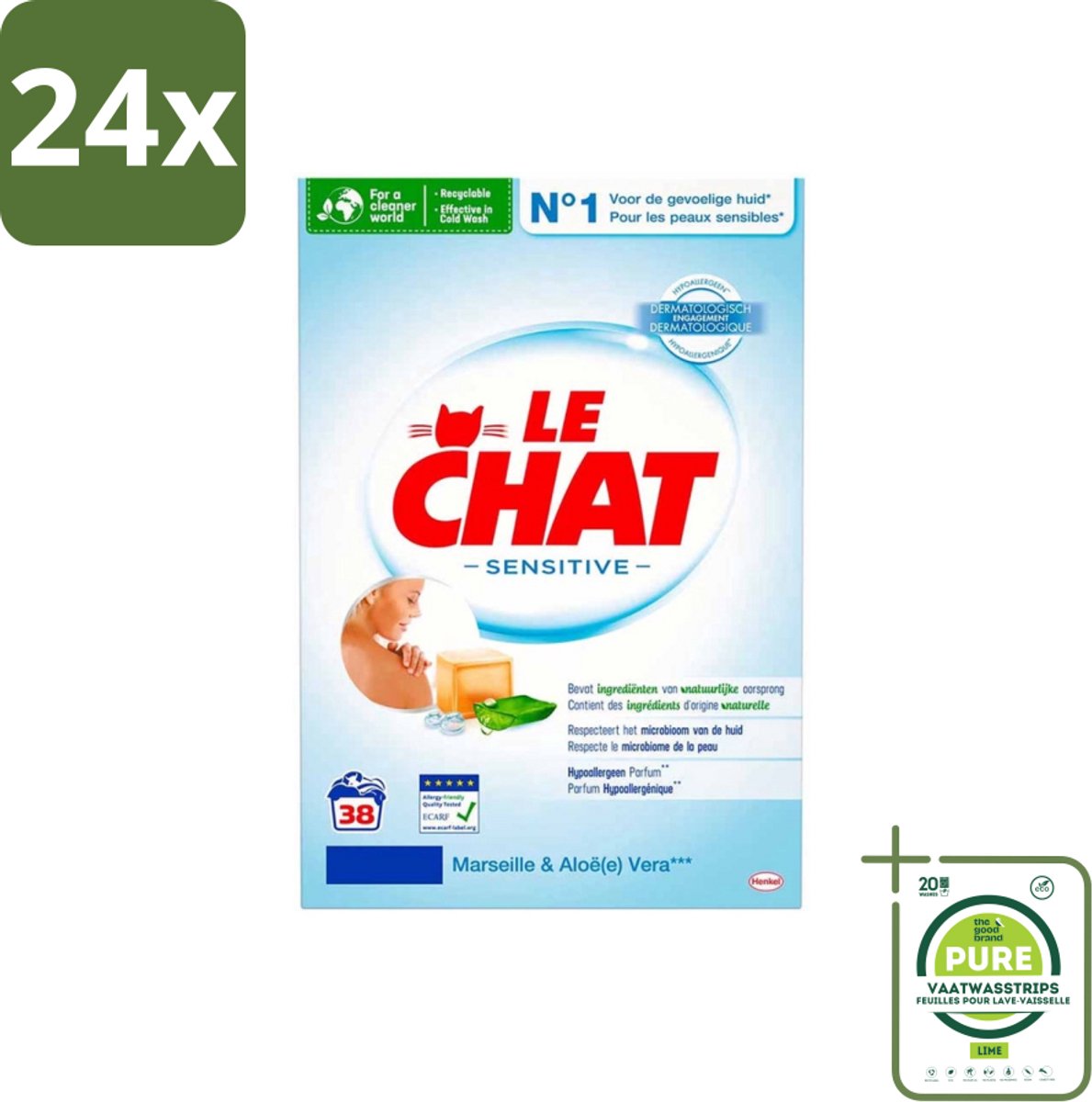 Le Chat – Waspoeder – Sensitive Marseille & Aloe Vera – 38 wasbeurten – 2,28 kg - Voordeelverpakking - 24 stuks - Waspoeder - Hypoallergisch