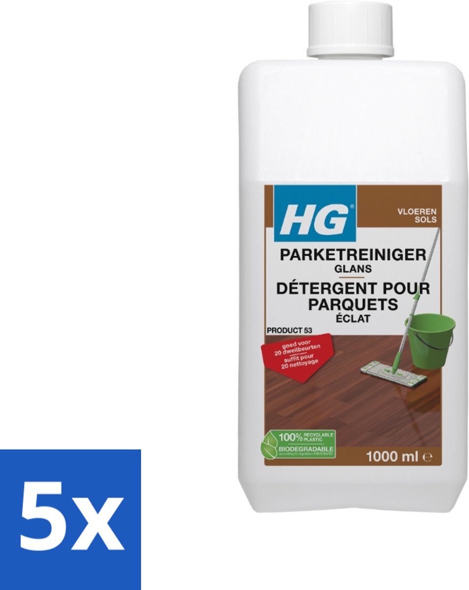 5 x HG Parketreiniger Glans 1 liter - Parket Reinigen - Parket Glans Herstellen - Parket Reiniger - Parketvloer Reinigen - Parketvloer Beschermen
