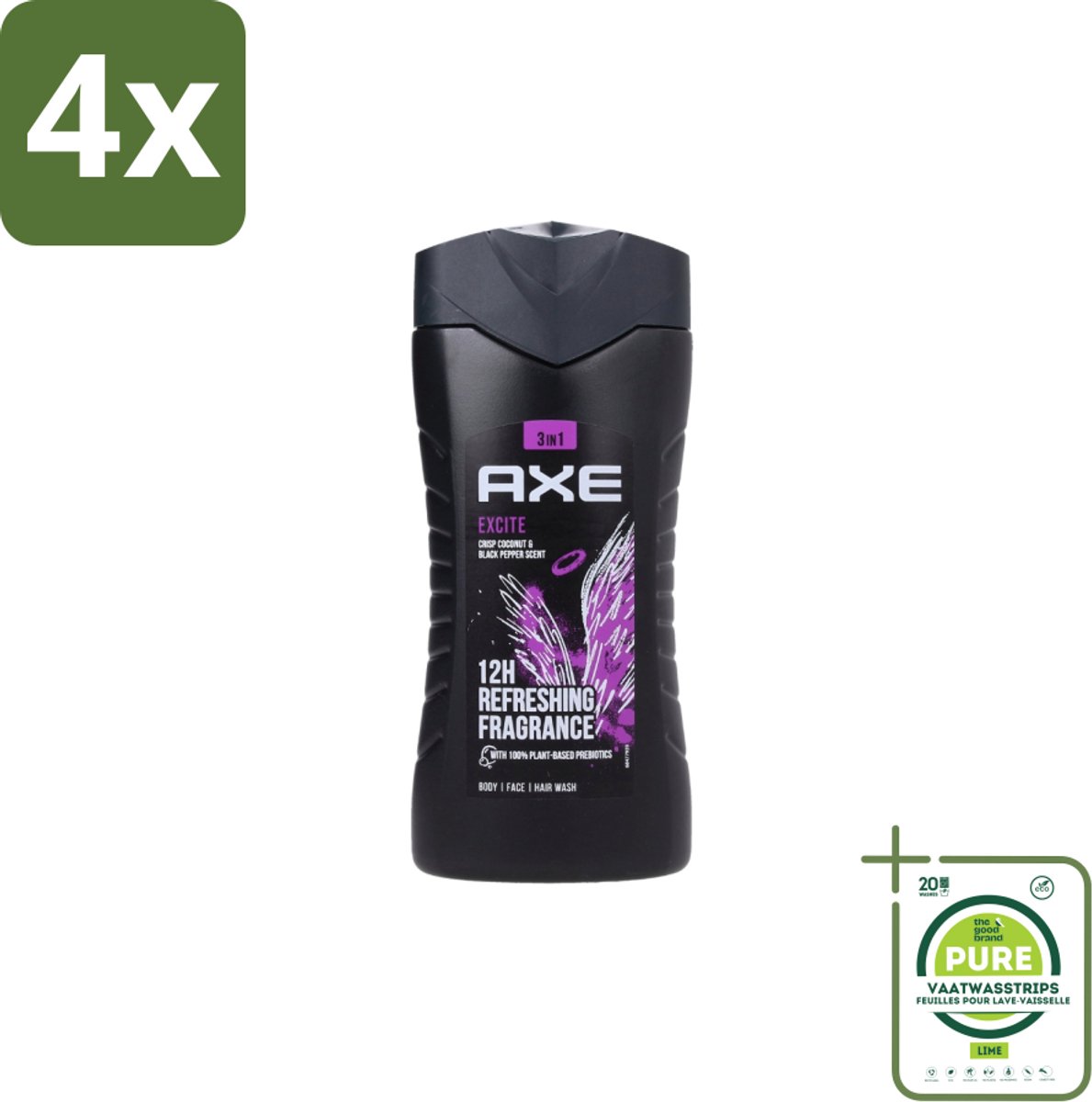 AXE – Douchegel – Excite – 250 ml - Voordeelverpakking - 4 stuks - Douchegel - Frisheid