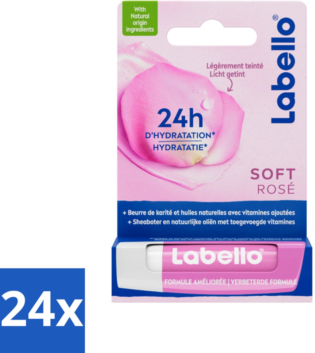 24 x Labello – Lippenbalsem – Soft Rosé – Lippenbalsem – 24H Hydratatie - Hydraatende Lippenbalsem - Roze Lippenbalsem - Lippen Verzorging - Natuurlijke Lippenkleur - Rozenextract