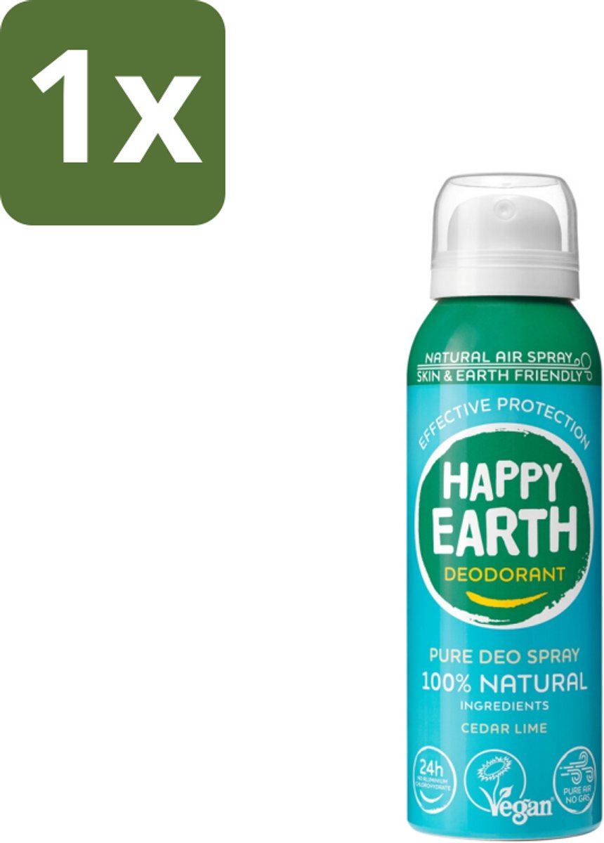 1 x Happy Earth – Deodorant Natural Air Spray – 100% Natuurlijk Cedar Lime – 100 ml - 100% Natuurlijke Deodorant - Ceder Lime Spray - Frisse Geur - Aerosol Deodorant - Natuurlijke Deodorant