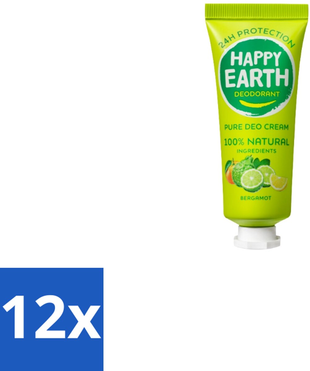 12 x Happy Earth – Deodorant Cream – 100% Natuurlijk Bergamot – 40 ml - Natuurlijke Deodorant - Bergamot Deodorant - Aluminiumvrije Deodorant - Vegan Deodorant - Huidvriendelijke Deodorant
