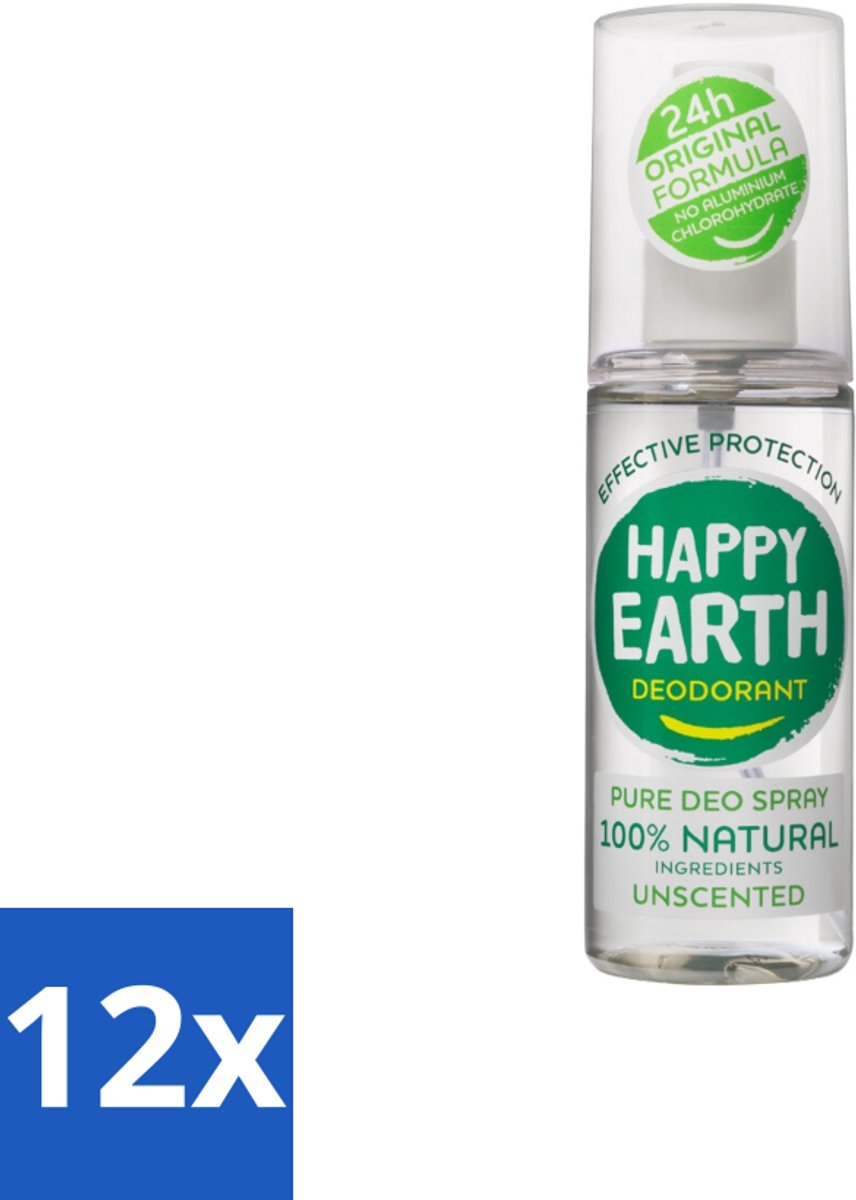 12 x Happy Earth – Deodorant Spray – 100% Natuurlijk Unscented – 100 ml - Geurloos Deodorant - Hypoallergene Deodorant - Natuurlijke Deodorant - Deodorant Voor Gevoelige Huid - Mineralen Deodorant