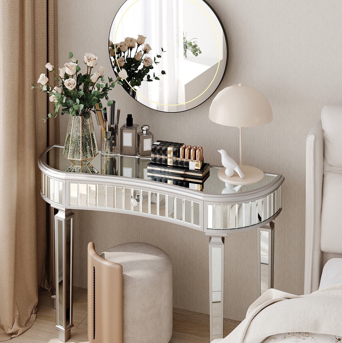 Wishdor Sidetable - Halfrond ontwerp met lade - Spiegelglas en bewerkt hout - Modern - Hal woonkamer slaapkamer kleedkamer - Grijs en zilver - 120 x 38 x 78 cm