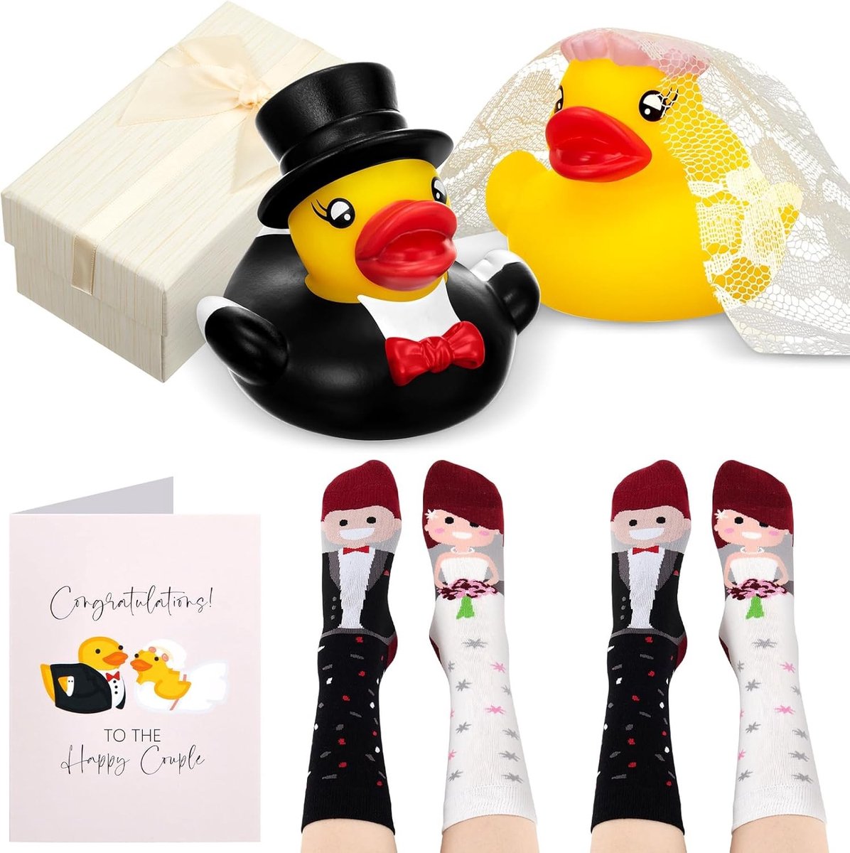 Badeenten Set voor Bruid en Bruidegom - Inclusief 2 Enten, Trouwsokken en Wenskaarten, Leuk Trouwring Cadeau voor Stelletjes en Verlovingen