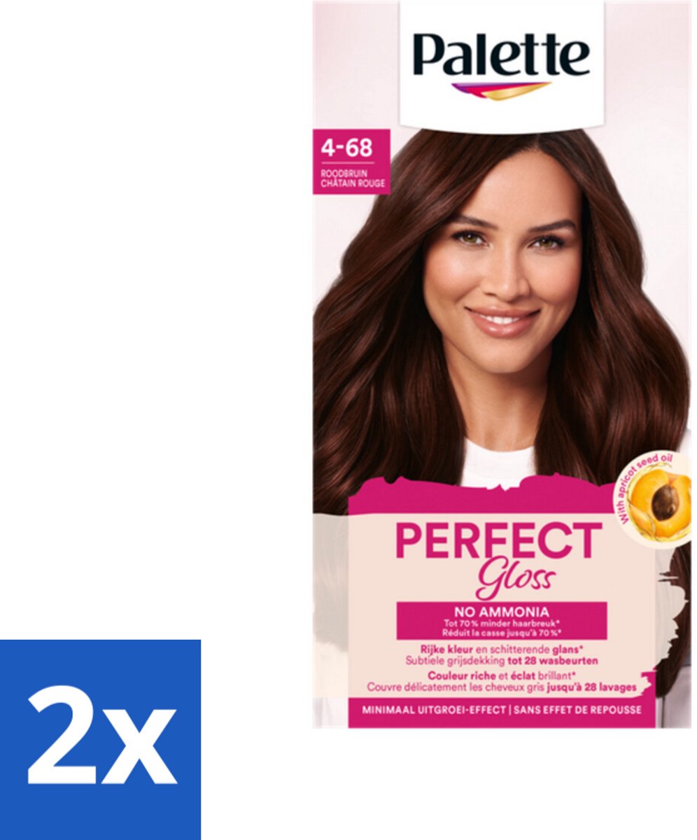 2 x Palette - Haarverf - Perfect Gloss 4-68 Red Brown - Glanzende Haarkleur - Ammoniakvrije Haarkleuring - Uitwasbare Haarkleuring - Zwart Haar - Grijsdekking