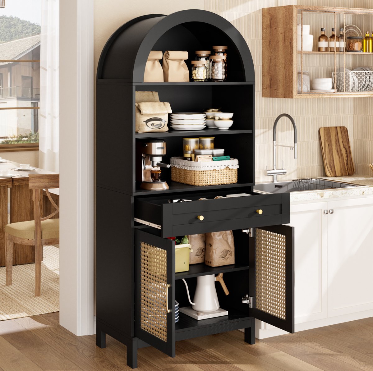 STILVORA Vitrinekast Met Boogvorm En Rotan Deuren En Lade Open Vakken Voor Woonkamer En Hal Spaanplaat En MDF Zwart Naturel 70x40x170 Cm