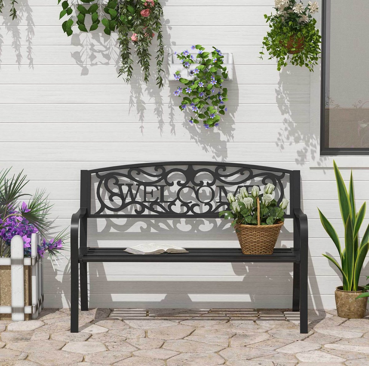 REDOM - Tuinbank 2-zits - Met rugleuning en armleuningen - Stalen frame met roestbescherming - Voor tuin en terras - Zwart - 127 x 60 x 87 cm
