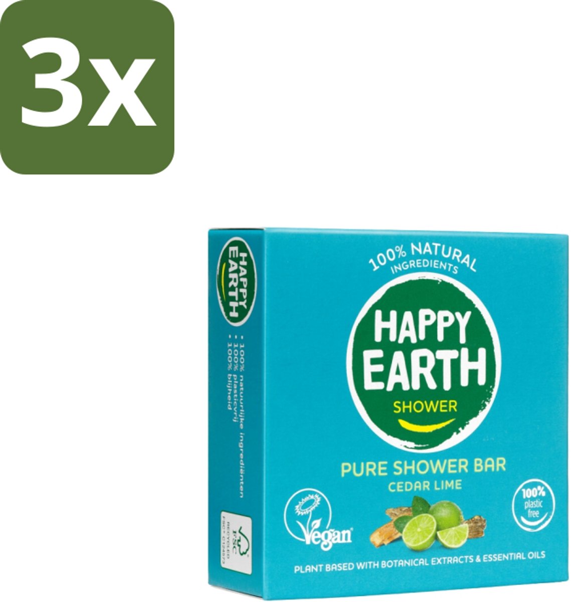 3 x Happy Earth – Shower Bar – 100% Natuurlijk Cedar Lime – 90 g - Shower Bar - Natuurlijke Douchegel - Ceder En Limoen - 100% Natuurlijke Ingrediënten - Vegan