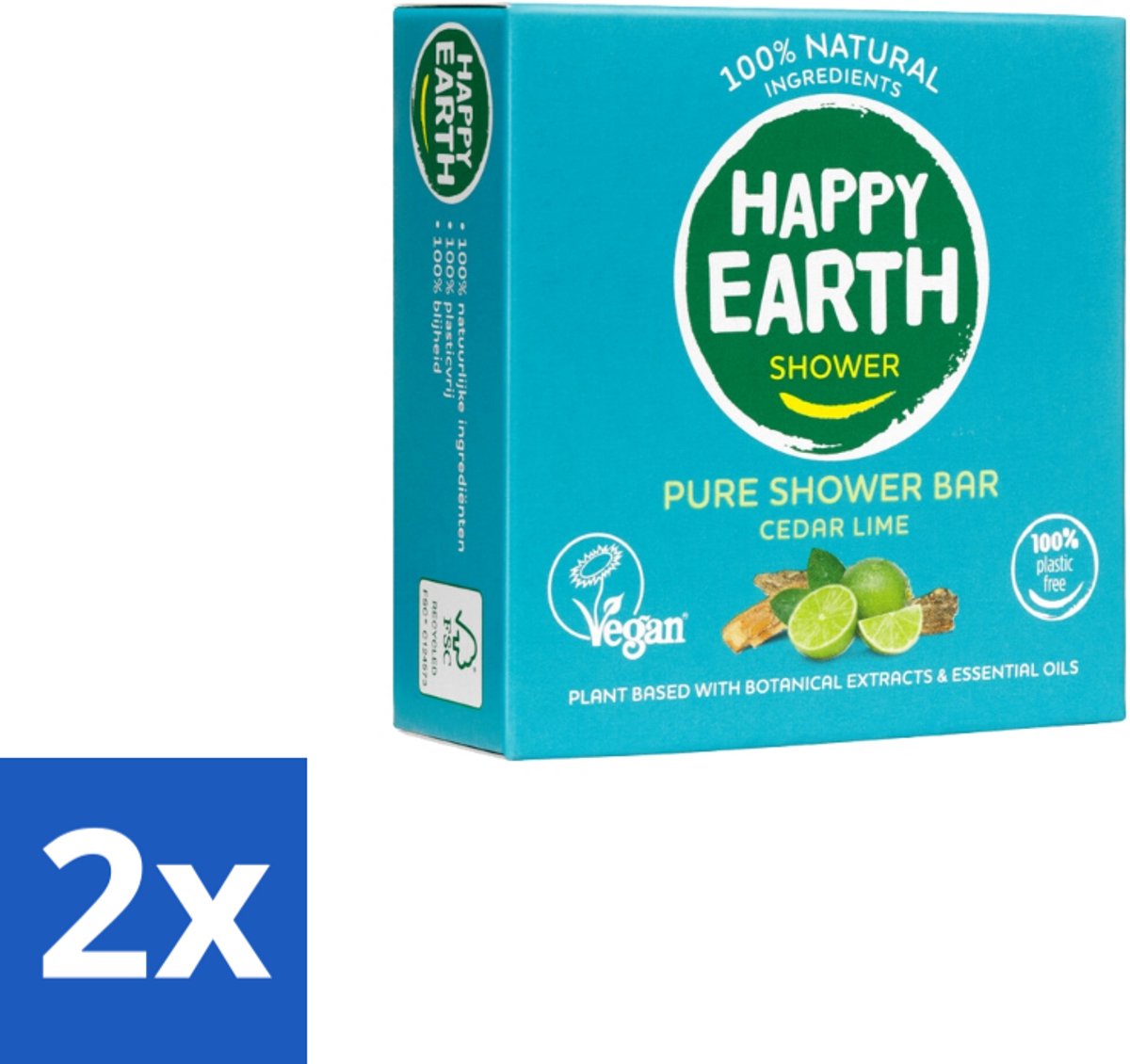 2 x Happy Earth – Shower Bar – 100% Natuurlijk Cedar Lime – 90 g - Douchebar - Natuurlijke Douche - Ceder En Limoen - Sheaboter - Amandelolie