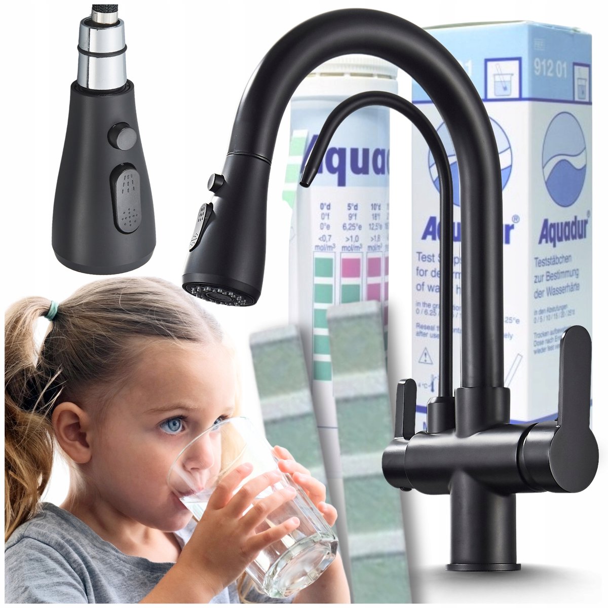 Merkloze Keukenkraan met Uittrekbare Wisser & Waterfilter Aansluiting - Mat Zwart