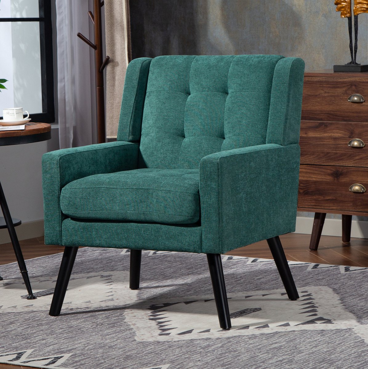 Wishdor Fauteuil - Retro groen - Gestoffeerd met knoopafwerking - Met armleuningen - Houten poten - Voor woonkamer, slaapkamer en kantoor