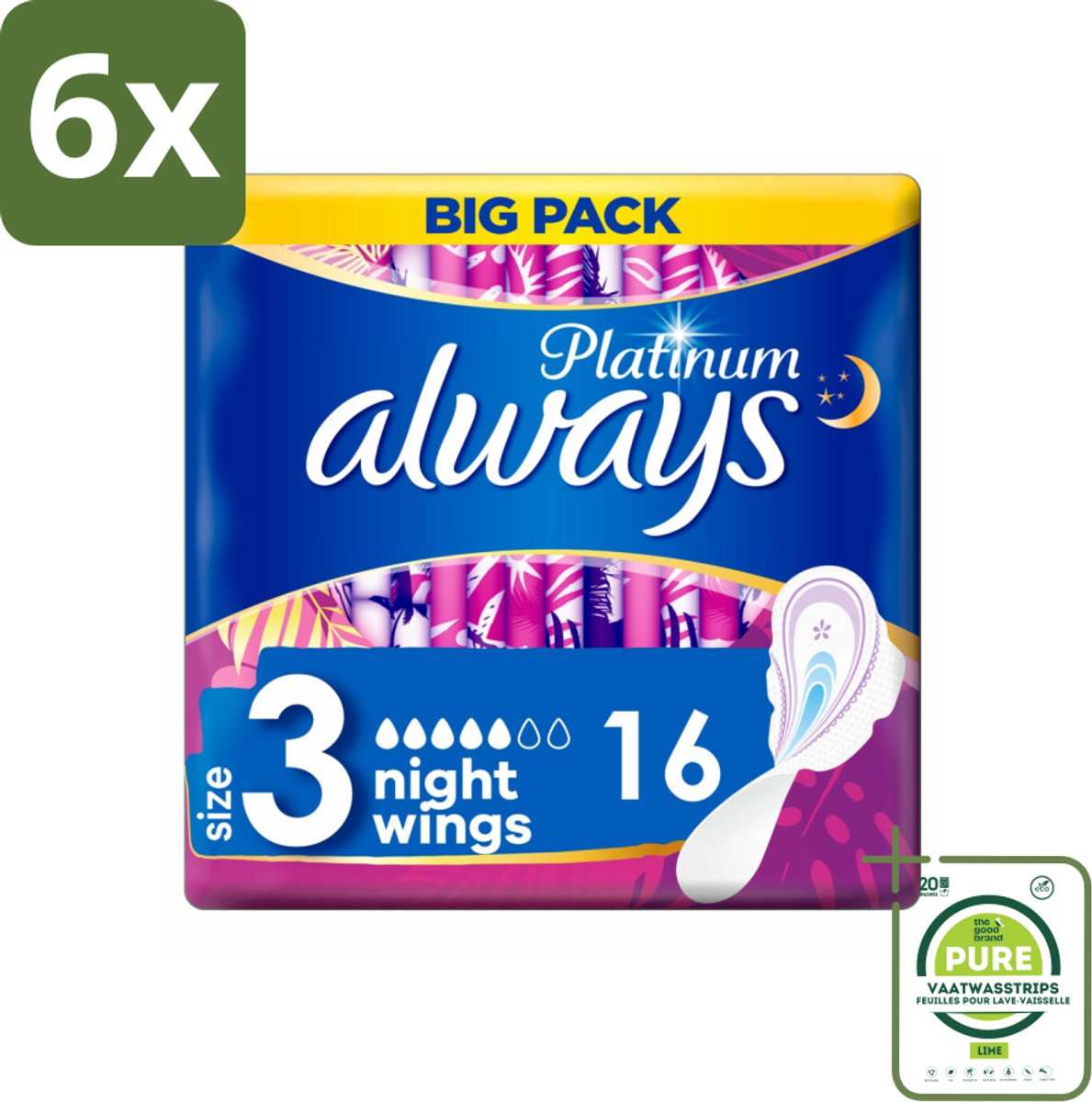 Always Maandverband Platinum Ultra Night 16 stuks per verpakking - Voordeelverpakking - 6 stuks - Maandverband nacht - Nachtbescherming