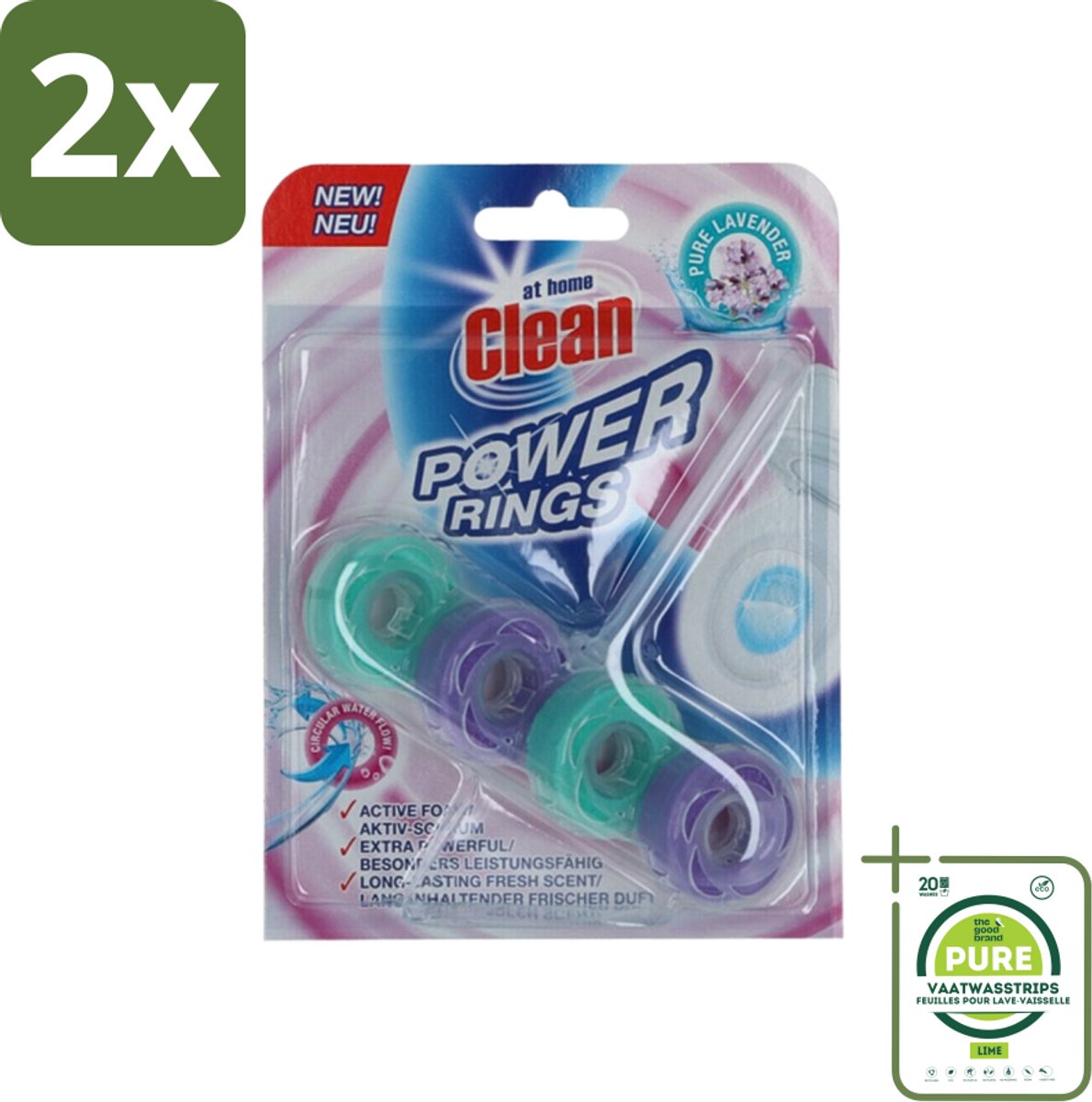 At Home - Clean - Toiletblok - Power Rings - Pure Lavender - Extra Sterk - 1 Blok - Voordeelverpakking - 2 stuks - Toiletblok - Lavendelgeur