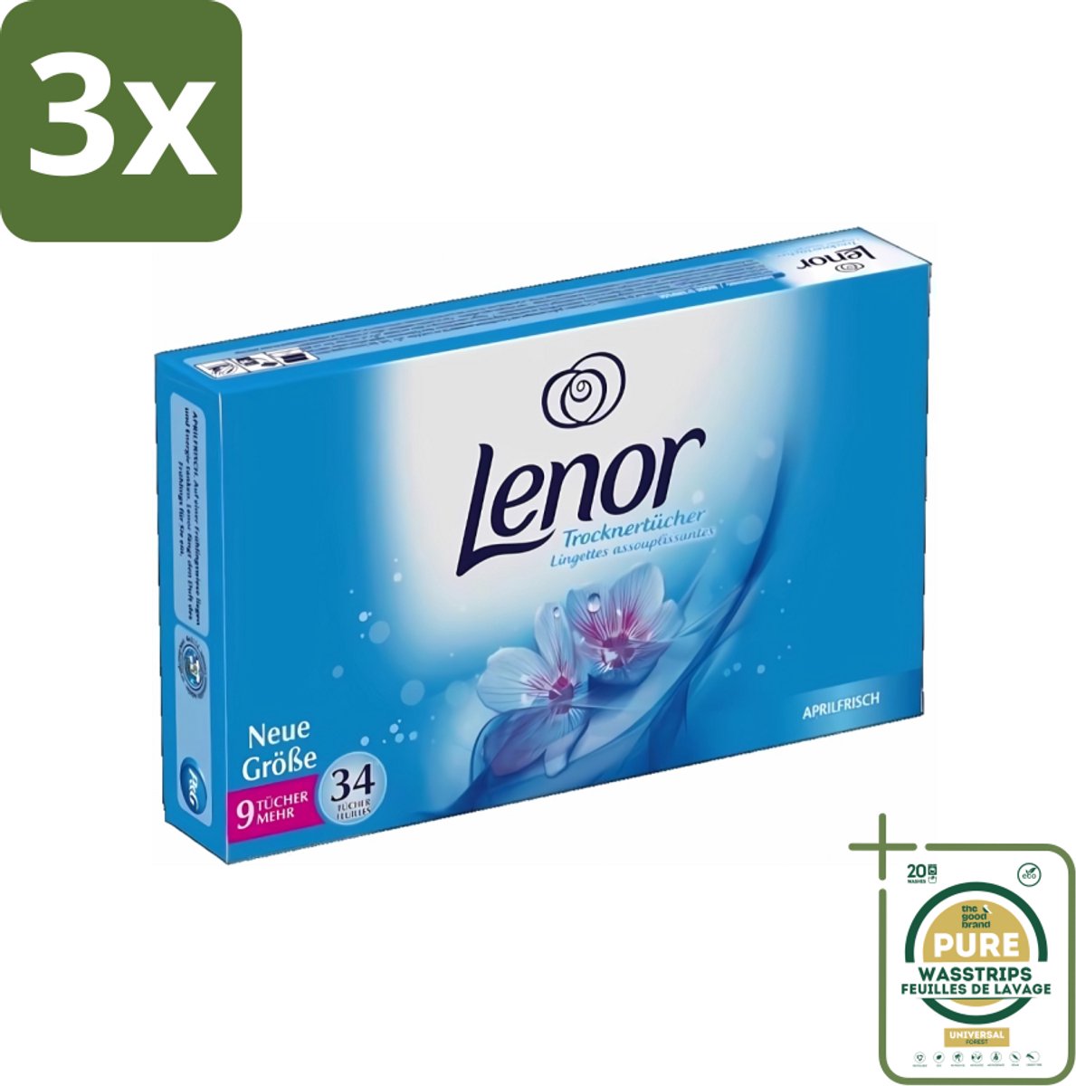 3 x Lenor - Droogtrommeldoekjes - Aprilfris - Textielverfrisser - 34 Doekjes - Grootverpakking - Droogtrommeldoekjes - Wasdoekjes - Textielverfrisser - Frisheid - Statische Elektriciteit