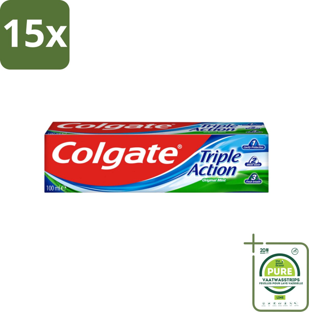 15 x Colgate Tandpasta Triple Action 100 ml - Grootverpakking - Tandpasta - Gaatjes - Wittere Tanden - Frisse Adem - Mondverzorging