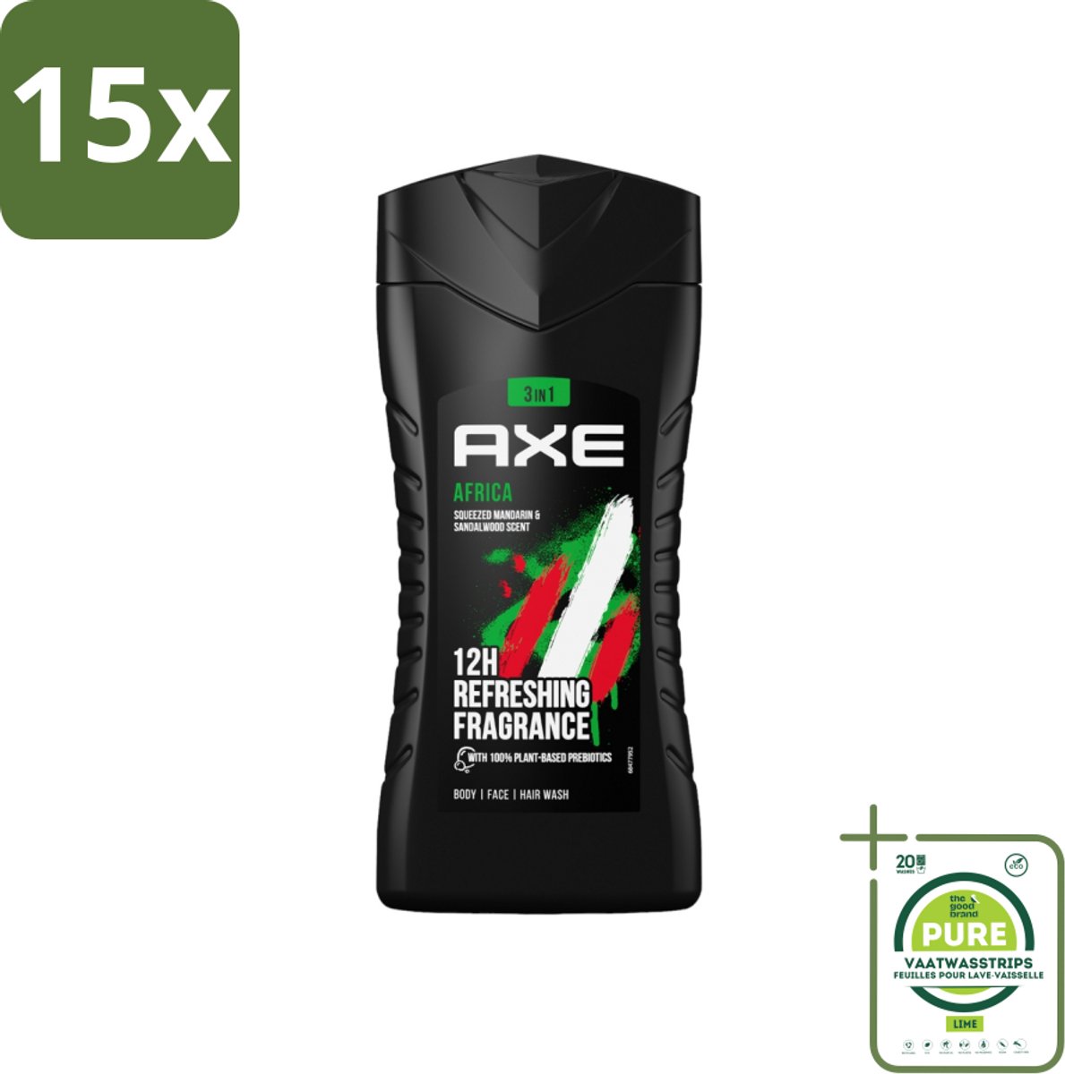 15 x Axe - 3-in-1 Douchegel - Africa - Squeezed Mandarin & Sandalwood - 100% Plantaardig - 250 ml - Grootverpakking - Axe Africa Douchegel - Douchegel - Prebiotica - Huidverzorging - Geur
