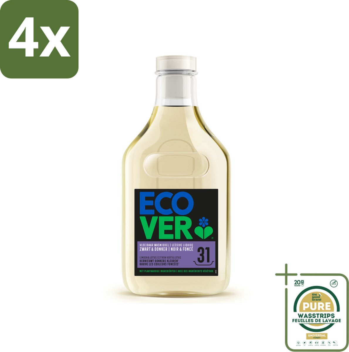 Ecover Vloeibaar Wasmiddel Zwart & Donker - Limoen & Lotus 31 Wasbeurten 1,43 liter - Voordeelverpakking - 4 stuks - Plantaardig wasmiddel - Milieuvriendelijk wasmiddel