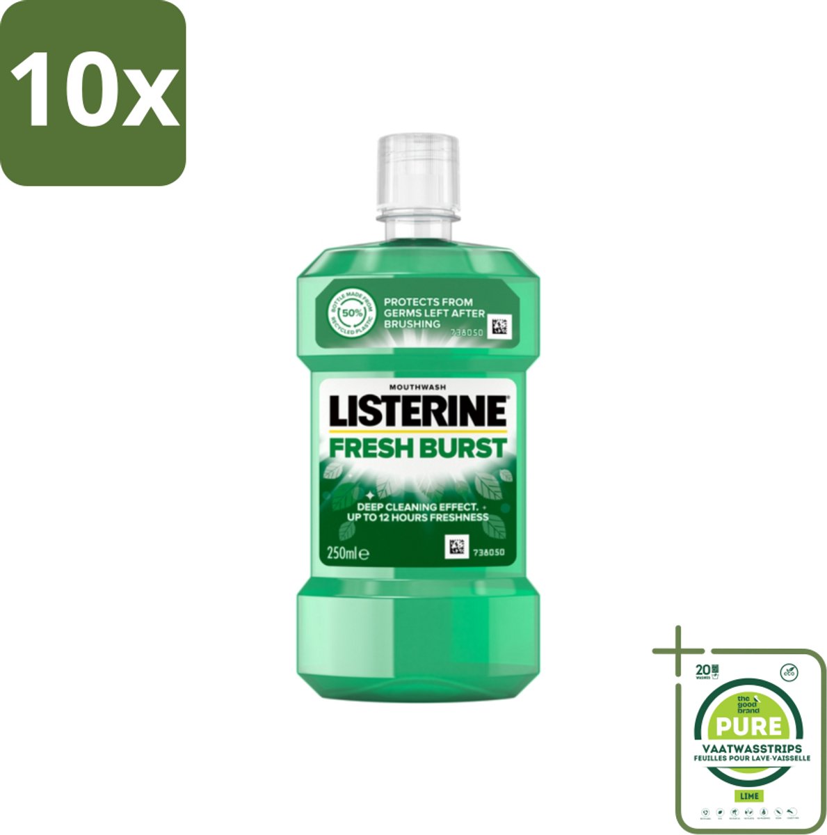 10 x Listerine - Mondwater - Fresh Burst - 250 ml - Grootverpakking - Mondwater - Mondspoeling - Antibacterieel Mondwater - Frisse Adem - Tandplak