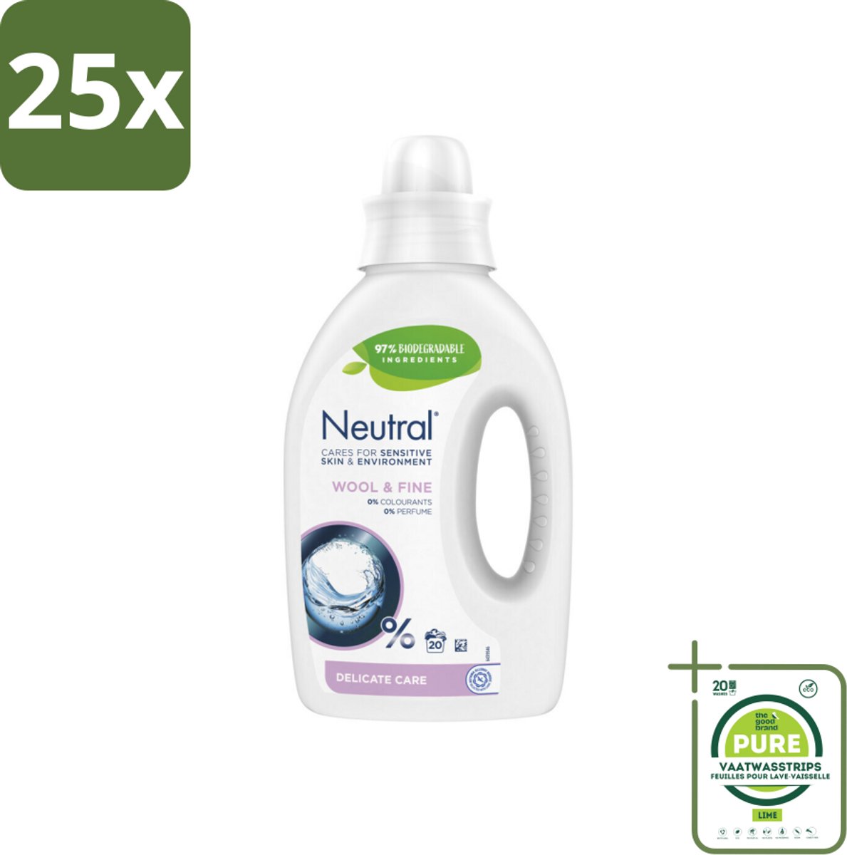 25 x Neutral Vloeibaar Wasmiddel Wol & Fijn 20 Wasbeurten 1 liter - Grootverpakking - Wasmiddel - Gevoelige Huid - Hypoallergene - Dermatologisch Goedgekeurd - Parfumvrij