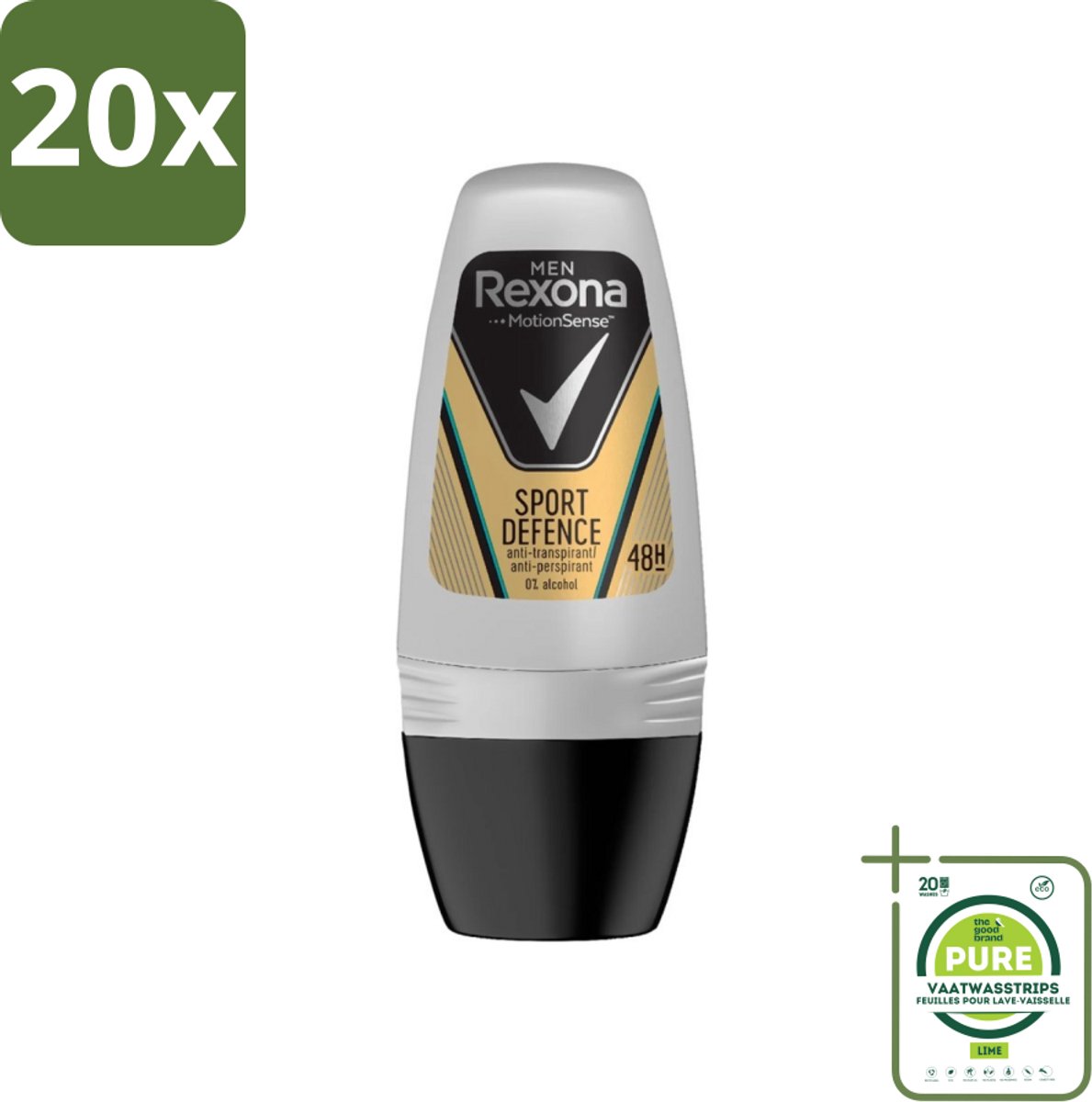 20 x Rexona Men - Sport Defence - Deo Roll-on - 50 ml - Grootverpakking - Sport Deodorant - Zweetgeur - Mannelijke Deodorant - Actieve Mannen - Droge Oksels