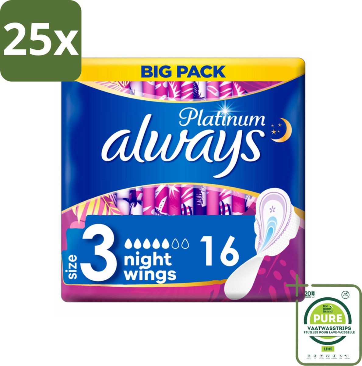 25 x Always Maandverband Platinum Ultra Night 16 stuks per verpakking - Grootverpakking - Maandverband Nacht - Nachtbescherming - Maandverband Ultra Night - Maandverband Voor Nacht - Maandverband Met Vleugels
