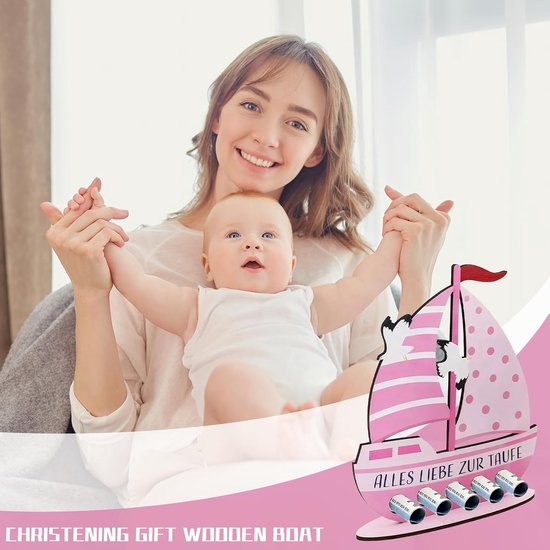 Houten boot als doopcadeau voor meisjes, roze, 19 x 16 cm, uniek doopgeschenk, persoonlijk cadeau, geldcadeau voor doop — afbeelding 2